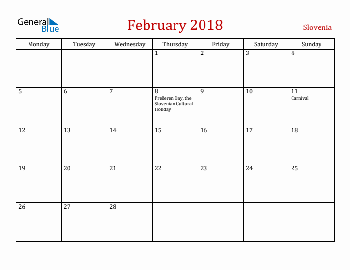 Slovenia February 2018 Calendar - Monday Start