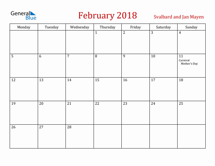 Svalbard and Jan Mayen February 2018 Calendar - Monday Start