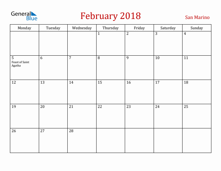 San Marino February 2018 Calendar - Monday Start