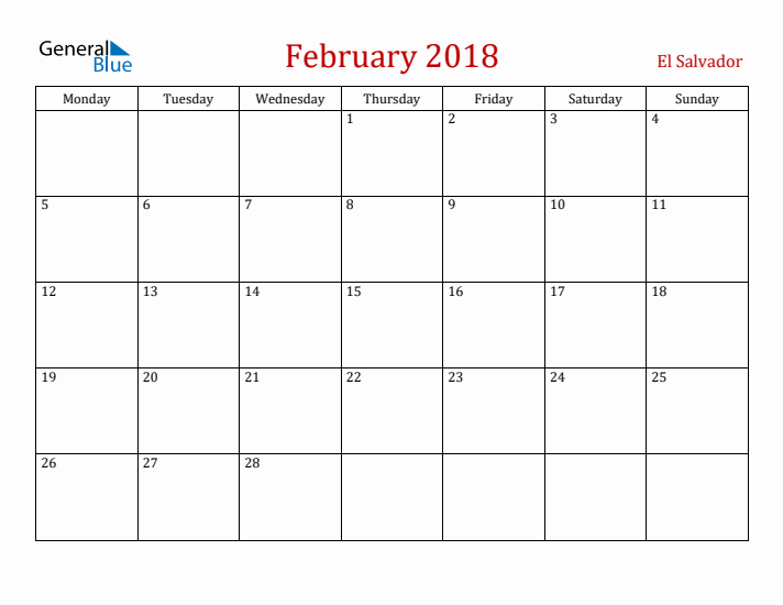 El Salvador February 2018 Calendar - Monday Start
