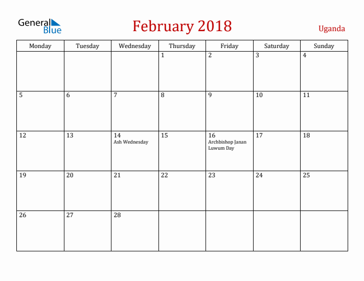 Uganda February 2018 Calendar - Monday Start