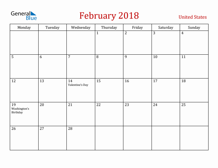 United States February 2018 Calendar - Monday Start