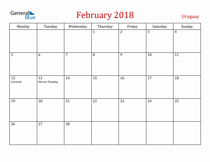 Uruguay February 2018 Calendar - Monday Start