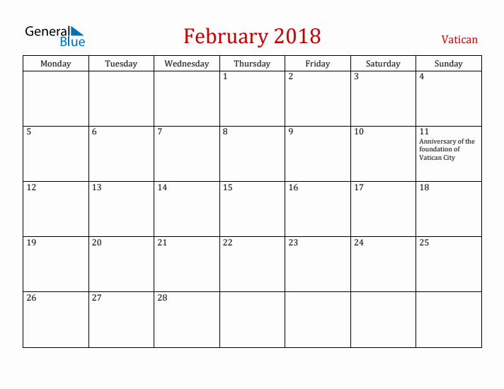 Vatican February 2018 Calendar - Monday Start