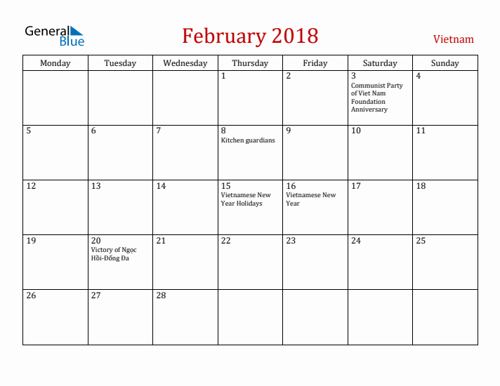 Vietnam February 2018 Calendar - Monday Start