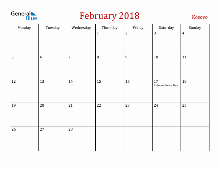 Kosovo February 2018 Calendar - Monday Start