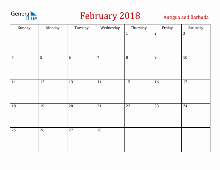 Antigua and Barbuda February 2018 Calendar - Sunday Start