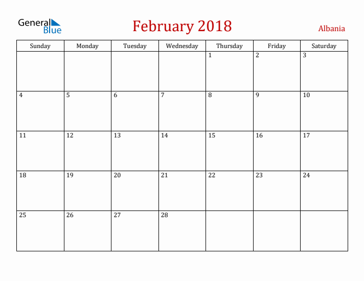 Albania February 2018 Calendar - Sunday Start