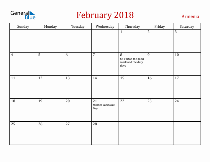Armenia February 2018 Calendar - Sunday Start