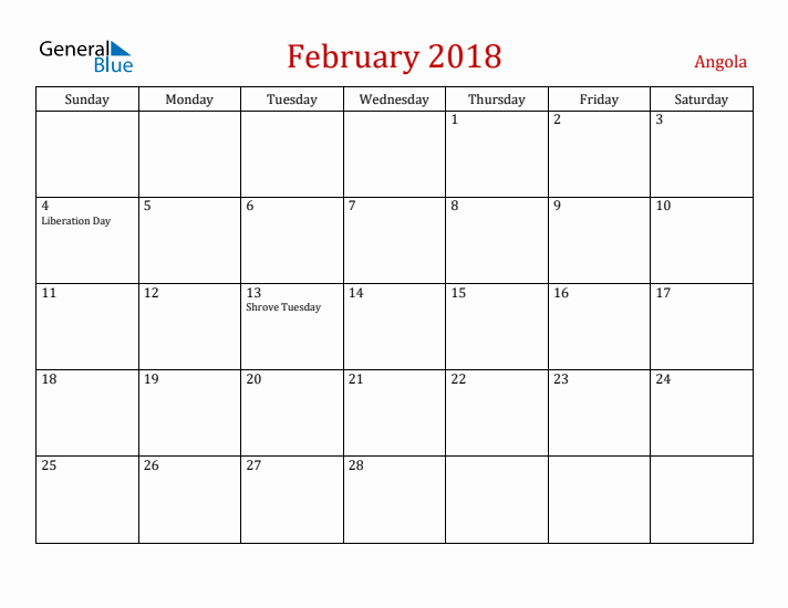 Angola February 2018 Calendar - Sunday Start