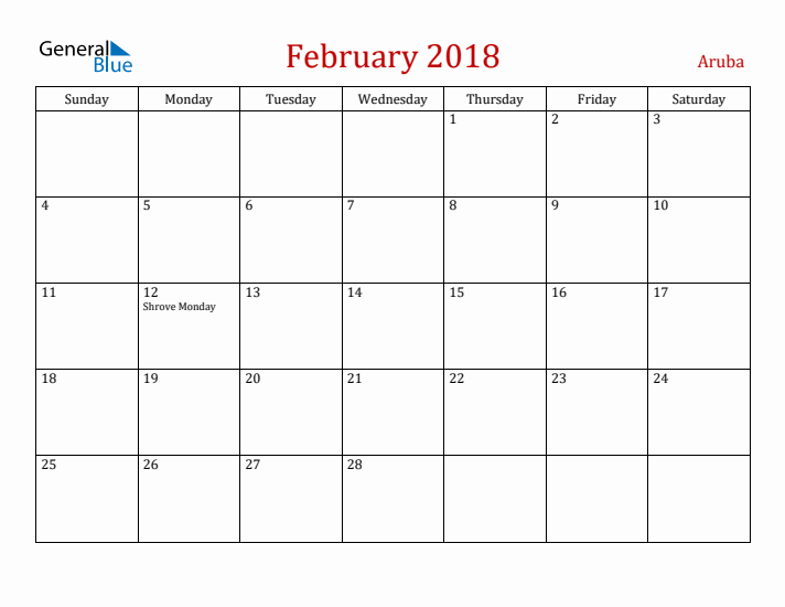 Aruba February 2018 Calendar - Sunday Start