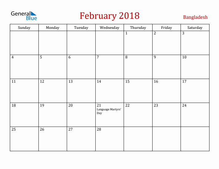 Bangladesh February 2018 Calendar - Sunday Start