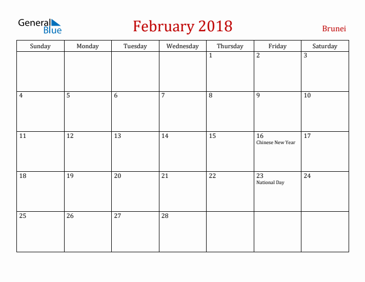 Brunei February 2018 Calendar - Sunday Start