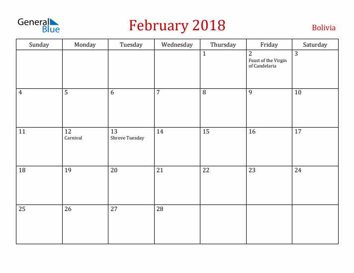 Bolivia February 2018 Calendar - Sunday Start