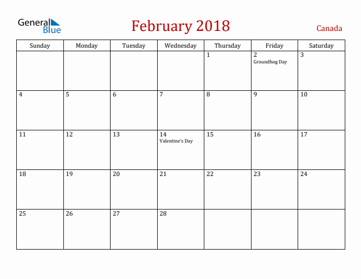 Canada February 2018 Calendar - Sunday Start