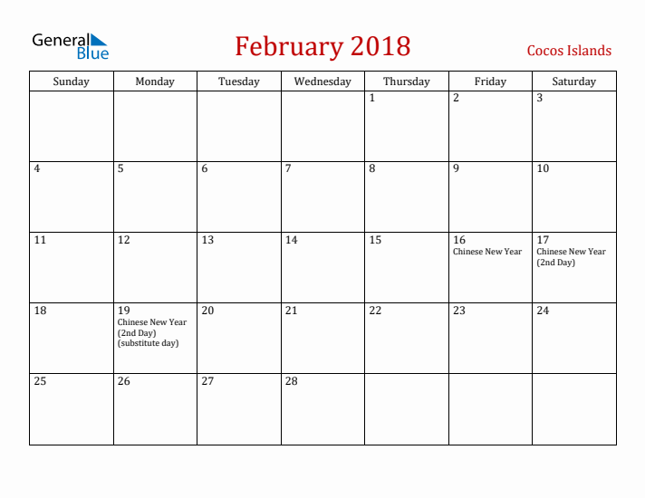 Cocos Islands February 2018 Calendar - Sunday Start