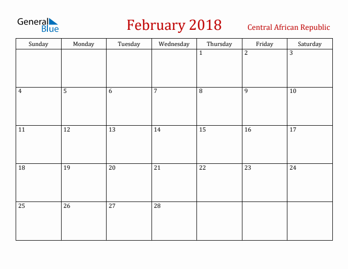 Central African Republic February 2018 Calendar - Sunday Start