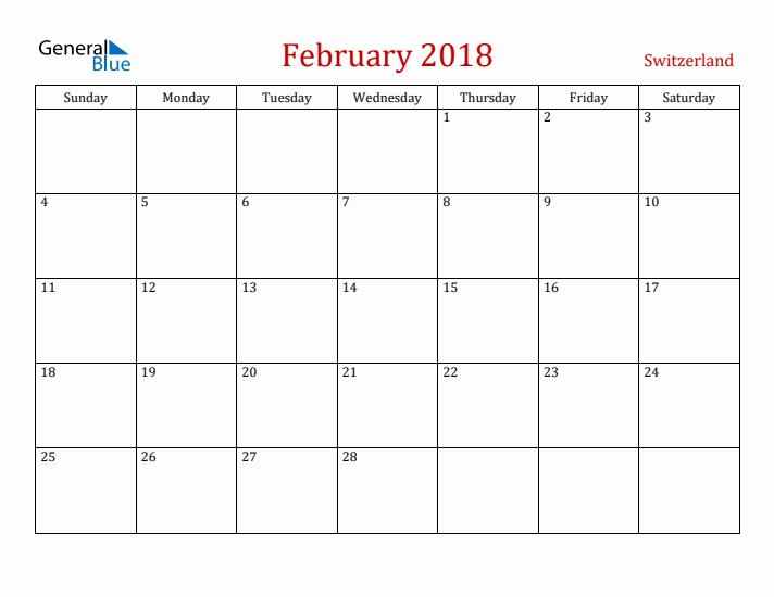 Switzerland February 2018 Calendar - Sunday Start