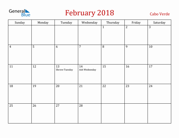 Cabo Verde February 2018 Calendar - Sunday Start