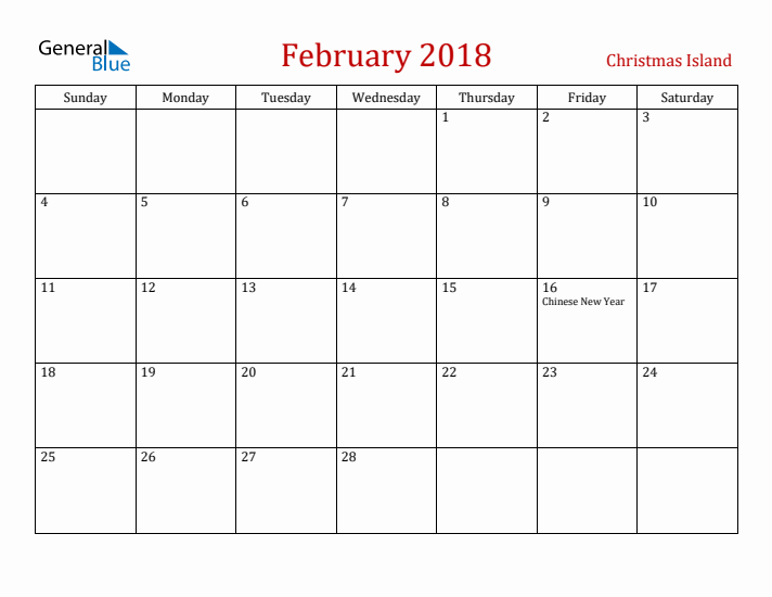 Christmas Island February 2018 Calendar - Sunday Start