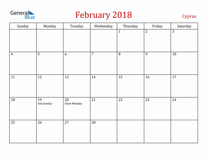 Cyprus February 2018 Calendar - Sunday Start