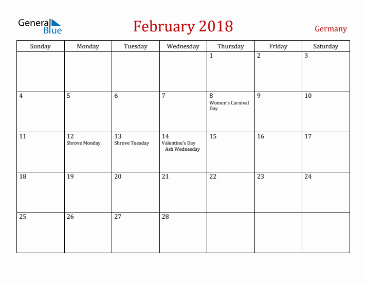 Germany February 2018 Calendar - Sunday Start