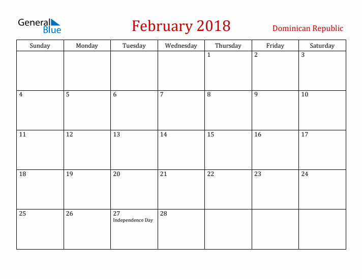 Dominican Republic February 2018 Calendar - Sunday Start