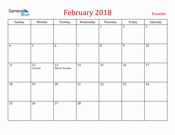 Ecuador February 2018 Calendar - Sunday Start