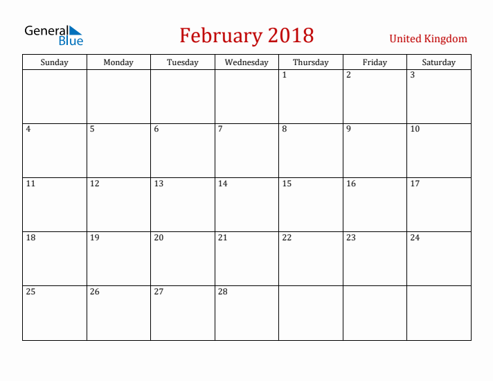 United Kingdom February 2018 Calendar - Sunday Start