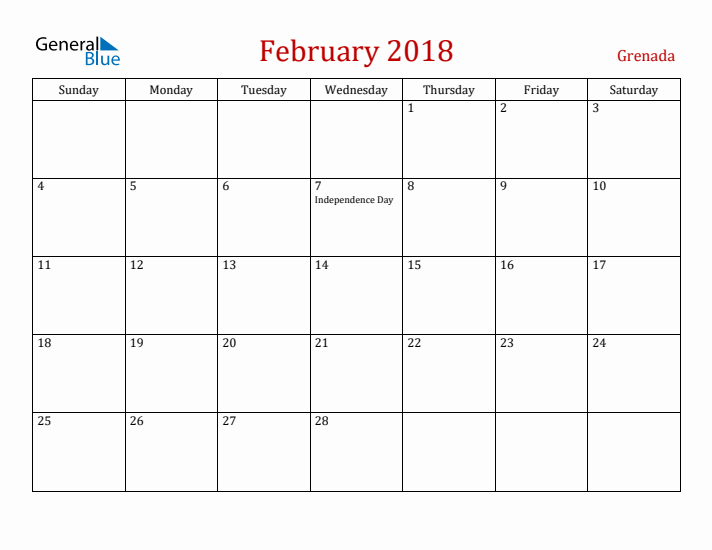 Grenada February 2018 Calendar - Sunday Start