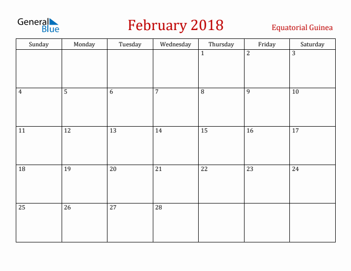 Equatorial Guinea February 2018 Calendar - Sunday Start