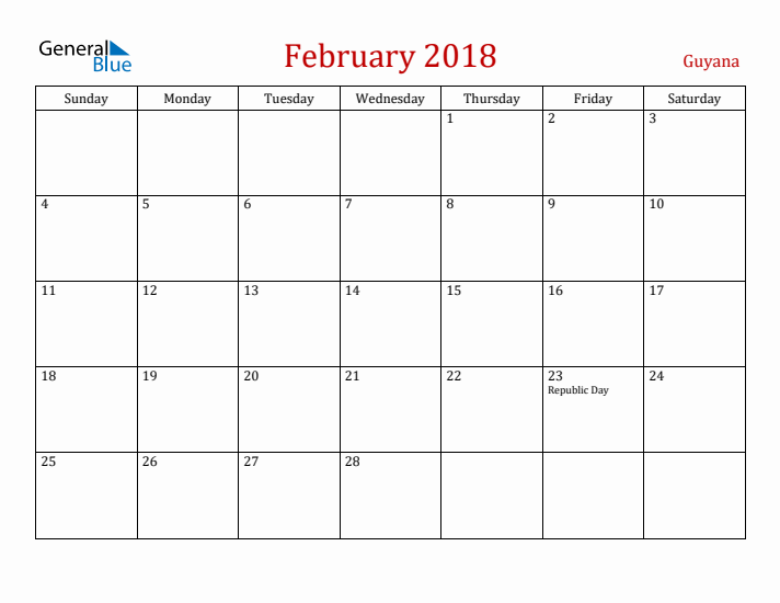 Guyana February 2018 Calendar - Sunday Start