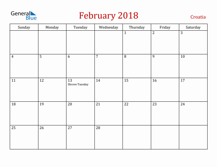 Croatia February 2018 Calendar - Sunday Start