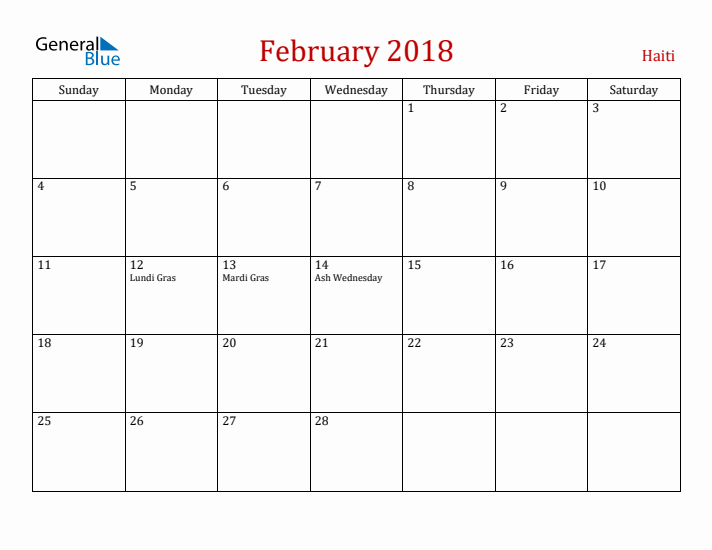 Haiti February 2018 Calendar - Sunday Start