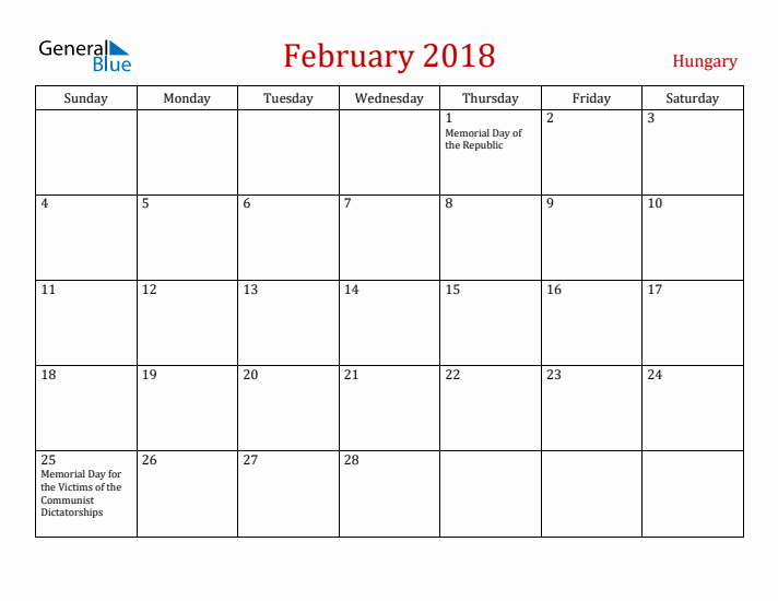 Hungary February 2018 Calendar - Sunday Start