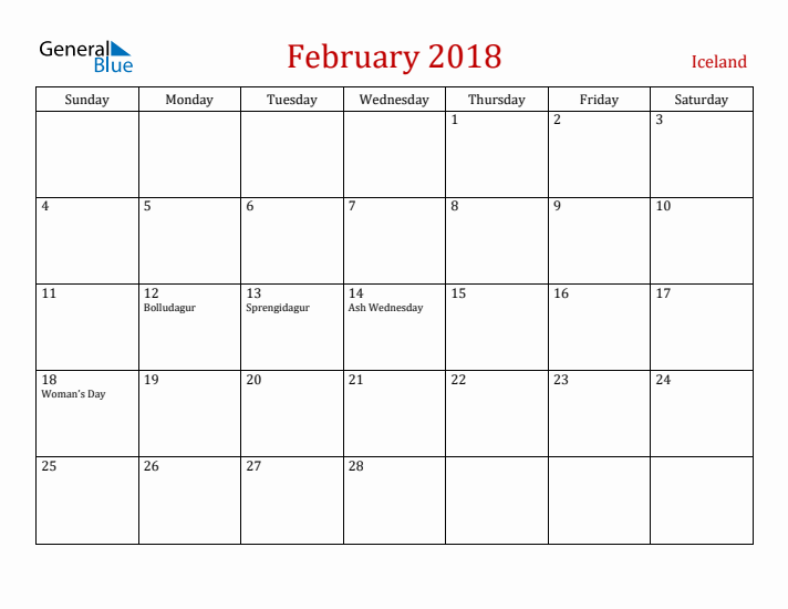 Iceland February 2018 Calendar - Sunday Start