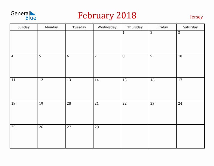 Jersey February 2018 Calendar - Sunday Start