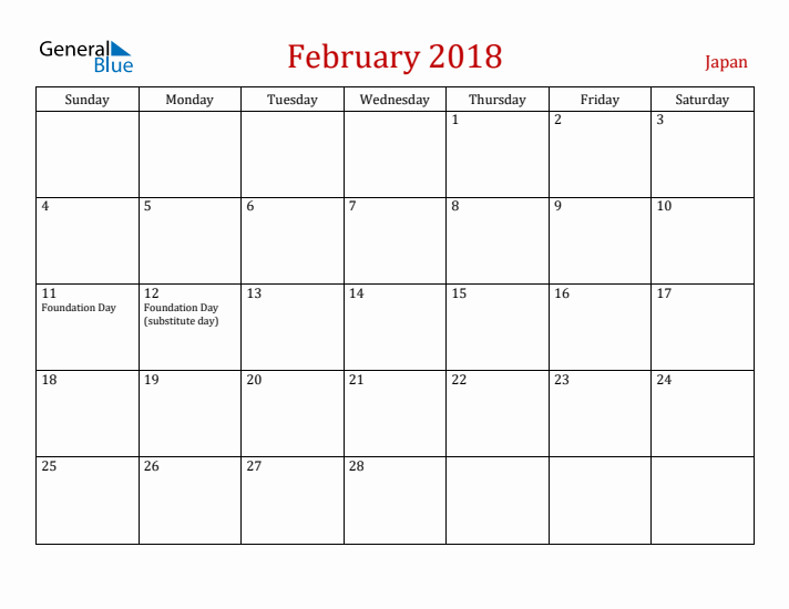 Japan February 2018 Calendar - Sunday Start