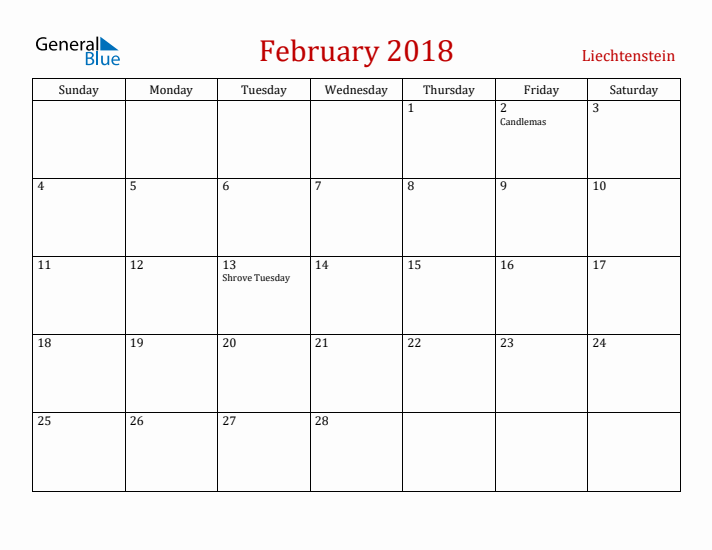 Liechtenstein February 2018 Calendar - Sunday Start