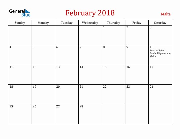 Malta February 2018 Calendar - Sunday Start