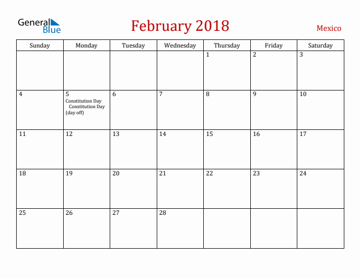 Mexico February 2018 Calendar - Sunday Start