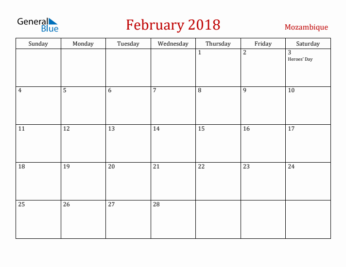 Mozambique February 2018 Calendar - Sunday Start