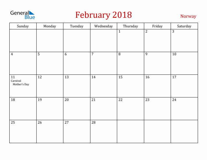 Norway February 2018 Calendar - Sunday Start