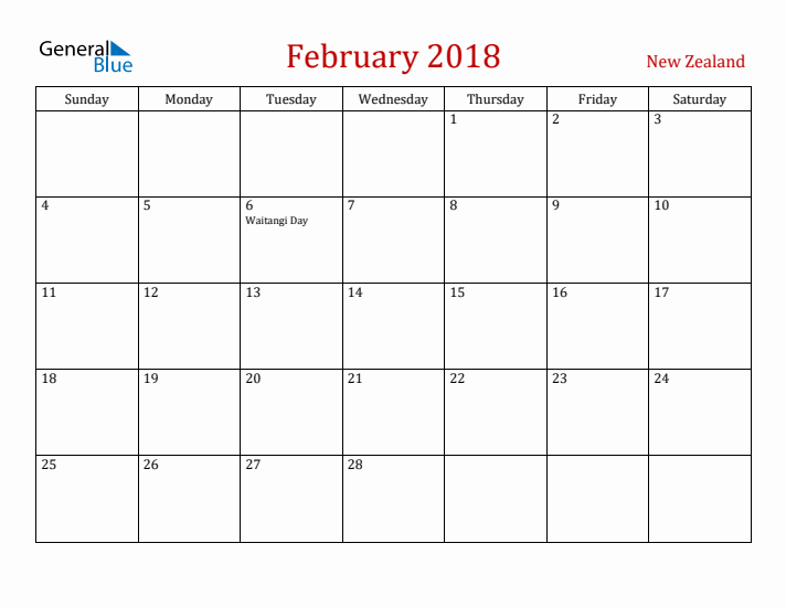 New Zealand February 2018 Calendar - Sunday Start