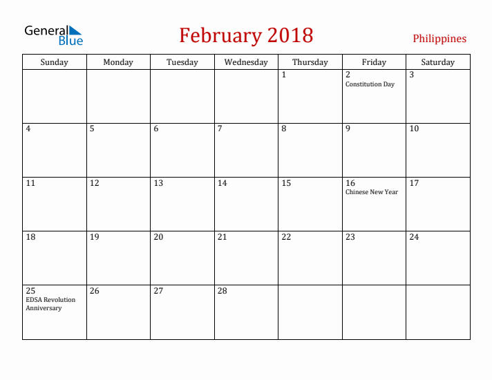 Philippines February 2018 Calendar - Sunday Start