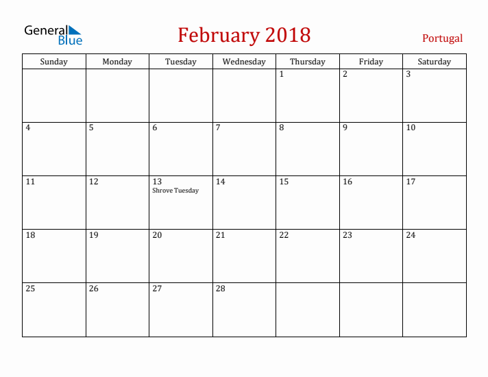 Portugal February 2018 Calendar - Sunday Start