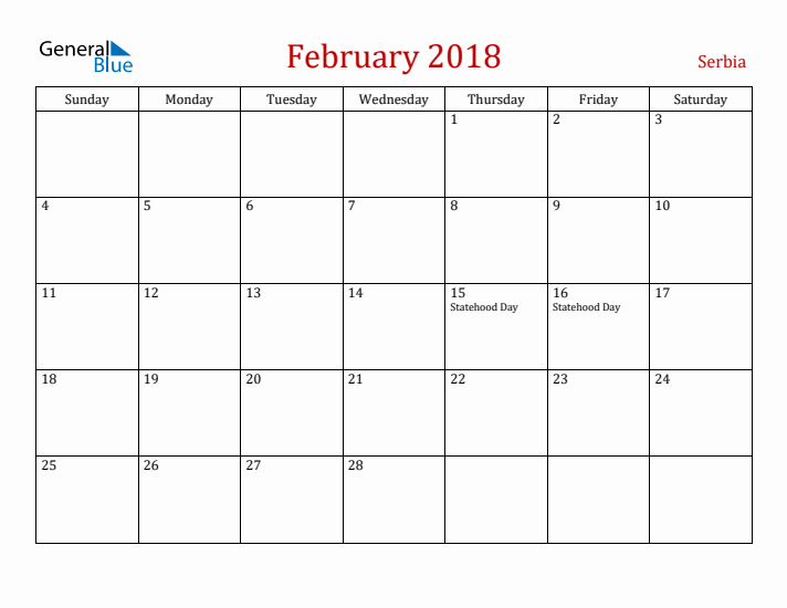 Serbia February 2018 Calendar - Sunday Start