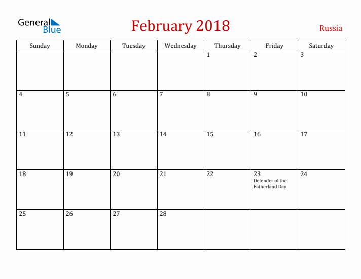 Russia February 2018 Calendar - Sunday Start
