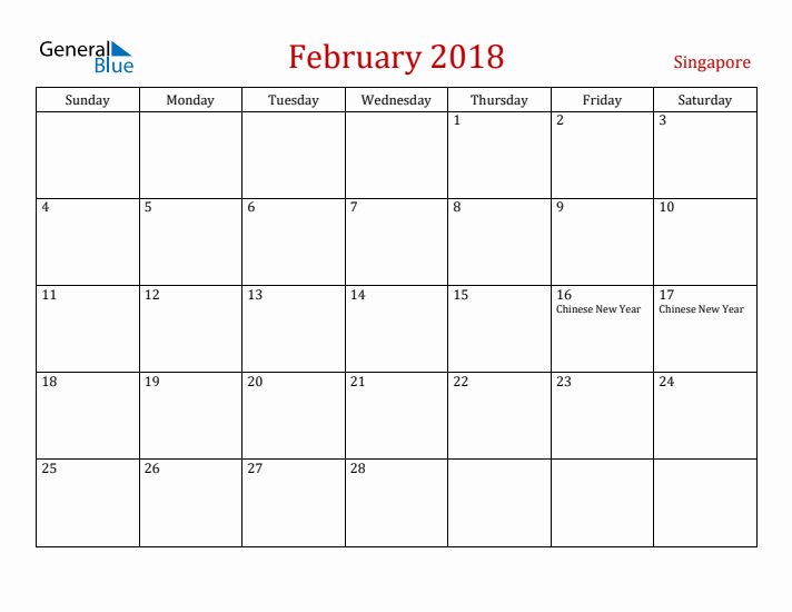 Singapore February 2018 Calendar - Sunday Start