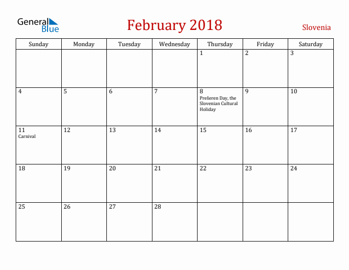 Slovenia February 2018 Calendar - Sunday Start